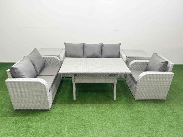Fimous Patio PE Wicker 6 Seater Outdoor Rattan Furniture Sofa Sets w/ Rectangular Dining Table Reclining Chair Loveseat Sofa 3 Seater Sofa 2 Side - image 1