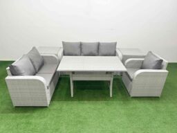 Fimous Patio PE Wicker 6 Seater Outdoor Rattan Furniture Sofa Sets w/ Rectangular Dining Table Reclining Chair Loveseat Sofa 3 Seater Sofa 2 Side - thumbnail 1