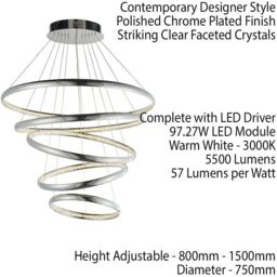Loops LED Ceiling Pendant Light 97W Warm White Chrome & Crystal 5 Ring/Hoop Strip Lamp - thumbnail 2