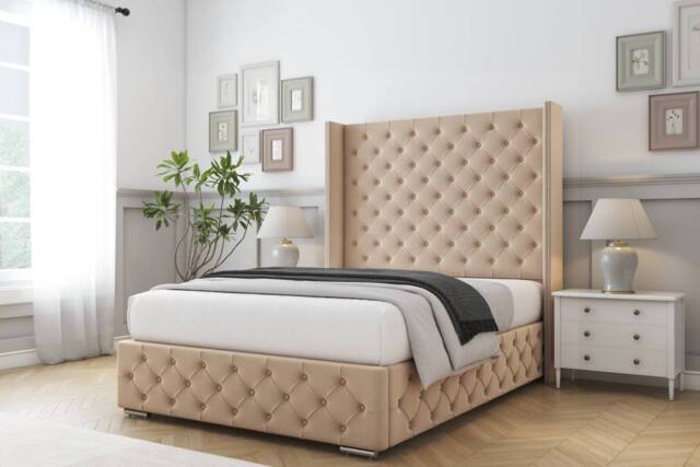 "Comfort Beds Emily Plush Bed Frame - 50"" Upholstered Wingback Headboard in Stone - Size: King" - image 1