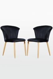 Life Interiors Set of 2 Elsa Velvet Dining Chairs with Wooden Legs, Curved Back & Comfortable Seating in Black