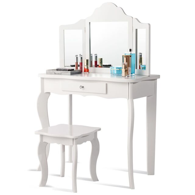 Gymax Kids Vanity Table & Stool Set With Detachable Mirror & Large Drawer in White - image 1