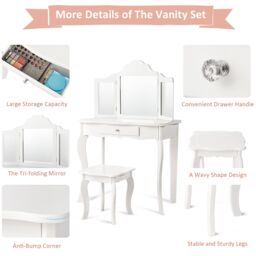Gymax Kids Vanity Table & Stool Set With Detachable Mirror & Large Drawer in White - thumbnail 4