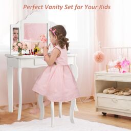 Gymax Kids Vanity Table & Stool Set With Detachable Mirror & Large Drawer in White - thumbnail 2