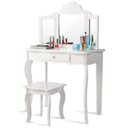 Gymax Kids Vanity Table & Stool Set With Detachable Mirror & Large Drawer in White - thumbnail 1