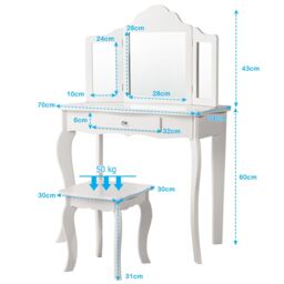 Gymax Kids Vanity Table & Stool Set With Detachable Mirror & Large Drawer in White - thumbnail 5