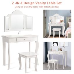 Gymax Kids Vanity Table & Stool Set With Detachable Mirror & Large Drawer in White - thumbnail 6