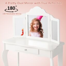 Gymax Kids Vanity Table & Stool Set With Detachable Mirror & Large Drawer in White - thumbnail 3