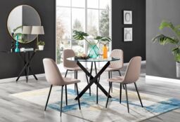 FurnitureboxUK Novara 4 Seater Black Leg Round Glass Dining Table & 4 Corona Faux Leather Black Leg Chairs in Beige