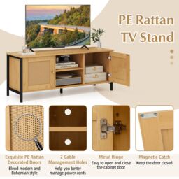 "Gymax Boho TV Stand for TVs up to 55"" PE Rattan Media Console Table in Light Khaki" - thumbnail 5