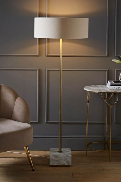 ValueLights Brit Marble Floor Lamp with Natural Linen Drum Lamp Shade - image 1