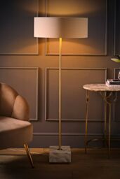 ValueLights Brit Marble Floor Lamp with Natural Linen Drum Lamp Shade - thumbnail 2