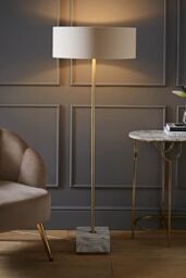 ValueLights Brit Marble Floor Lamp with Natural Linen Drum Lamp Shade