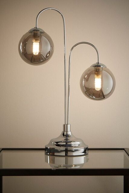 K LIVING Table Lamp In Chrome With 2 Arms & Smokey Glass Ball Lightshades in Silver - image 1