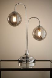 K LIVING Table Lamp In Chrome With 2 Arms & Smokey Glass Ball Lightshades in Silver