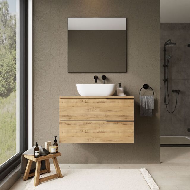 Banyetti Celtic 800mm Wall Hung Bathroom Vanity Unit with Matching Worktop - Ostippo Oak in Light Oak - image 1