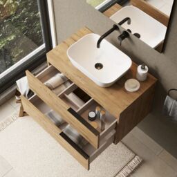 Banyetti Celtic 800mm Wall Hung Bathroom Vanity Unit with Matching Worktop - Ostippo Oak in Light Oak - thumbnail 3