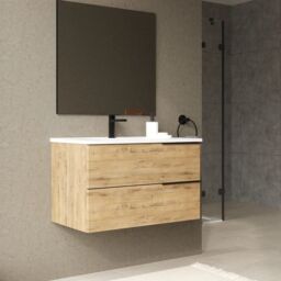 Banyetti Celtic 800mm Wall Hung Bathroom Vanity Unit with Matching Worktop - Ostippo Oak in Light Oak - thumbnail 2