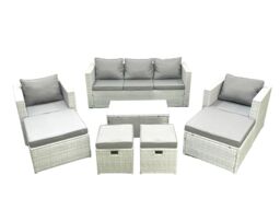 Fimous 8 Pieces Rattan Garden Furniture Set Outdoor Garden Sofa Chair Coffee Table Set with 4 Footstools Light Grey Mixed - thumbnail 2