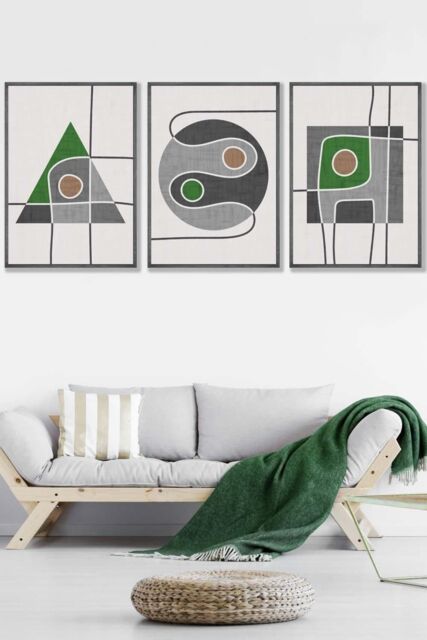 ARTZE Set of 3 Dark Grey Framed Mid Century Graphical Shapes in Grey & Green Wall Art - Size: W33 cm x H45 cm x D20mm - image 1