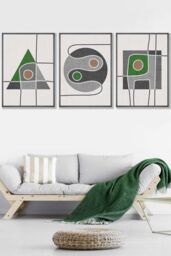ARTZE Set of 3 Dark Grey Framed Mid Century Graphical Shapes in Grey & Green Wall Art - Size: W33 cm x H45 cm x D20mm - thumbnail 1