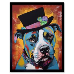 "Artery8 Wall Art Print Pit Bull Wearing Flower Top Hat Modern Pop Art Framed in Black - Size: W12"" x H16""" - thumbnail 1