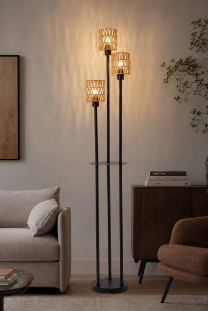 Living and Home Rattan & Wood Floor Lamp with Metal Frame in Natural - image 1