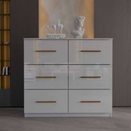MN Furniture High Gloss Chest of Drawers 3+3 Storage Unit with Handles White - thumbnail 1
