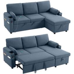HOMCOM Corner Sofa Bed, L Shaped Sofa with Storage Chaise, USB Ports in Blue - Size: 3 Seater - thumbnail 2