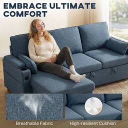 HOMCOM Corner Sofa Bed, L Shaped Sofa with Storage Chaise, USB Ports in Blue - Size: 3 Seater - thumbnail 4