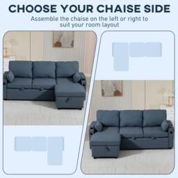 HOMCOM Corner Sofa Bed, L Shaped Sofa with Storage Chaise, USB Ports in Blue - Size: 3 Seater - thumbnail 5