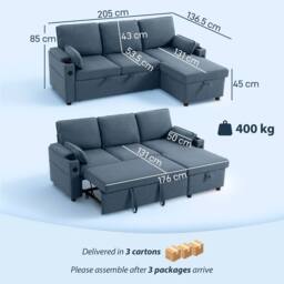 HOMCOM Corner Sofa Bed, L Shaped Sofa with Storage Chaise, USB Ports in Blue - Size: 3 Seater - thumbnail 3