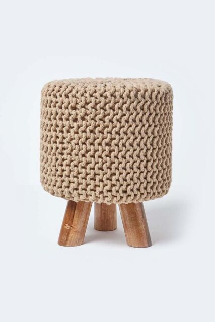 Homescapes Tall Cotton Knitted Footstool on Legs in Beige - image 1