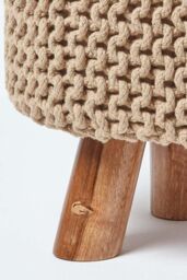 Homescapes Tall Cotton Knitted Footstool on Legs in Beige - thumbnail 4