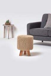 Homescapes Tall Cotton Knitted Footstool on Legs in Beige - thumbnail 2