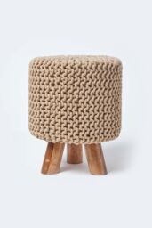 Homescapes Tall Cotton Knitted Footstool on Legs in Beige - thumbnail 1