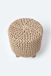 Homescapes Tall Cotton Knitted Footstool on Legs in Beige - thumbnail 3