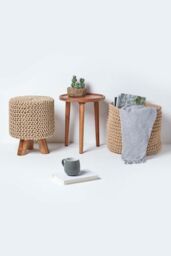 Homescapes Tall Cotton Knitted Footstool on Legs in Beige - thumbnail 6