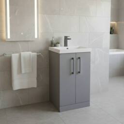 Balterley Modern Bathroom 2 Soft Close Door Vanity Unit Basin, Satin Grey, 500mm in Grey - thumbnail 2