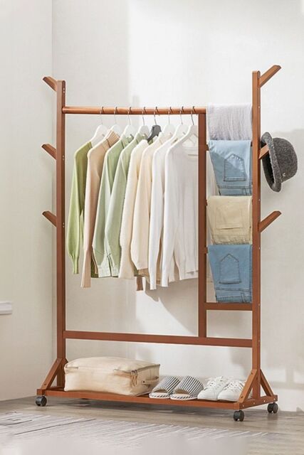 Living and Home Bamboo Clothes Rack Coat Garment Holder with Bottom Shelf Shoe Clothing Organizer in Brown - image 1
