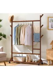 Living and Home Bamboo Clothes Rack Coat Garment Holder with Bottom Shelf Shoe Clothing Organizer in Brown - thumbnail 7