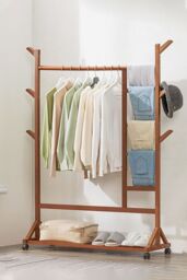 Living and Home Bamboo Clothes Rack Coat Garment Holder with Bottom Shelf Shoe Clothing Organizer in Brown
