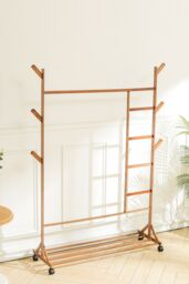 Living and Home Bamboo Clothes Rack Coat Garment Holder with Bottom Shelf Shoe Clothing Organizer in Brown - thumbnail 2