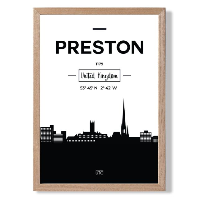 ARTZE Preston Black & White City Skyline Framed Print SIZE: A2 with Oak Frame - Size: A4 - image 1