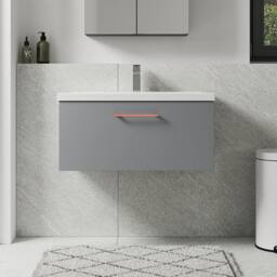 Balterley 800mm Wall Hung 1 Drawer Vanity Basin Unit, Satin Grey, Copper Handle in Grey - thumbnail 2