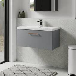 Balterley 800mm Wall Hung 1 Drawer Vanity Basin Unit, Satin Grey, Copper Handle in Grey - thumbnail 4