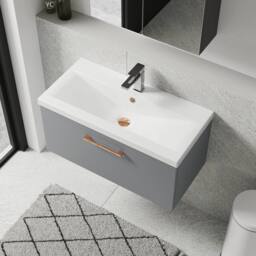 Balterley 800mm Wall Hung 1 Drawer Vanity Basin Unit, Satin Grey, Copper Handle in Grey - thumbnail 3