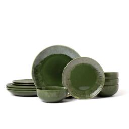 Mikasa Jardin 12-Piece Stoneware Dinner Set, Green in Dark Green
