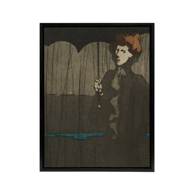 "Artery8 The Shower Art Nouveau Painting Steinlen Black Framed Canvas Wall Art in Grey - Size: W12"" x H16""" - image 1