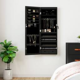 Berkfield Home Mirror Jewellery Cabinet with LED Lights Wall Mounted Black - thumbnail 2
